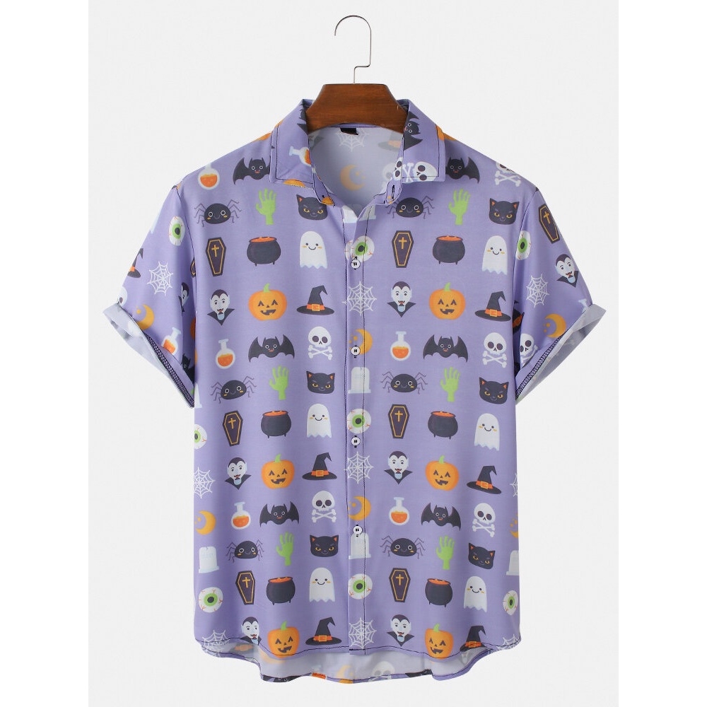Mens Funny  Animal Pumpkin Skull Print Loose Casual Short Sleeve Shirts - Purple XL