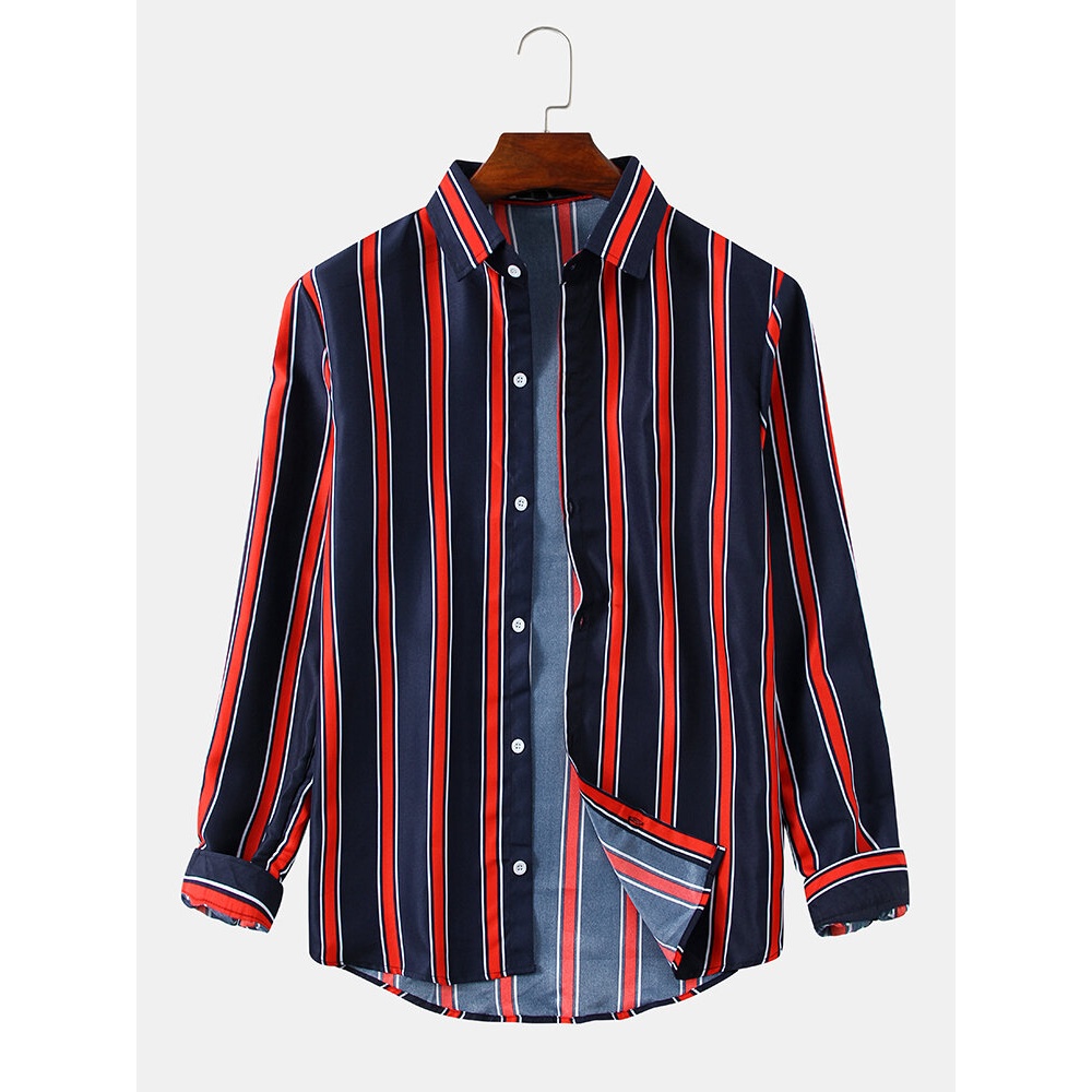 Mens Stripe Print Button Up Long Sleeve Design Shirts - Black XL
