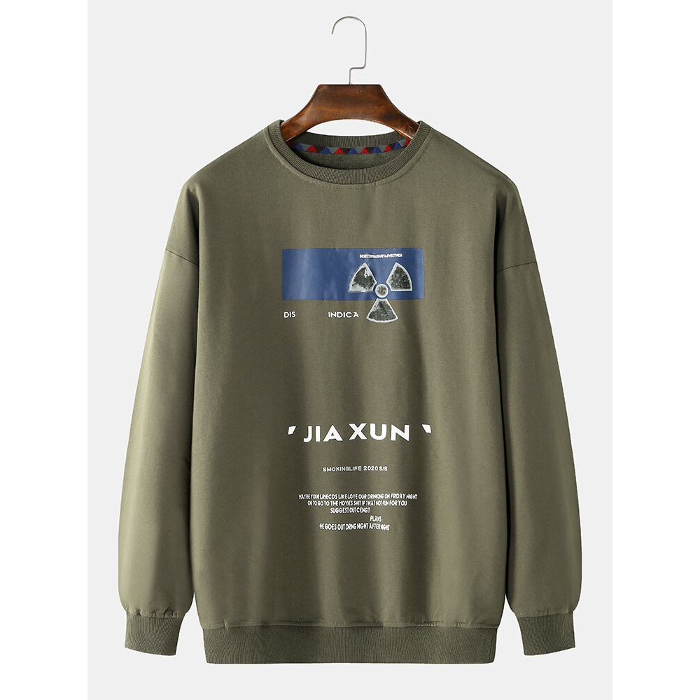 Mens Slogan Print Round Neck Pullover Long Sleeve Sweatshirts - Light Green M