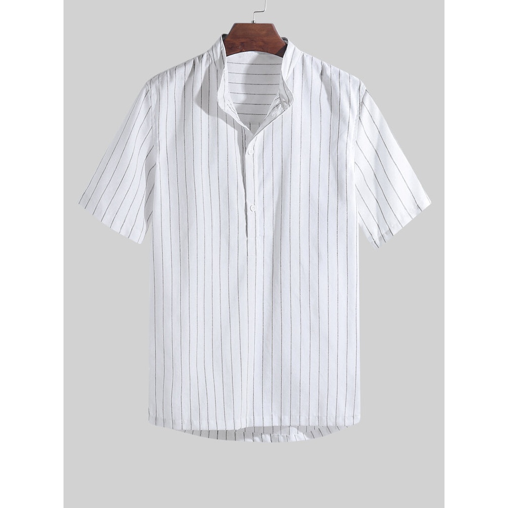 Mens Fashion Striped Short Sleeve Stand Collar Casual Shirts - L White