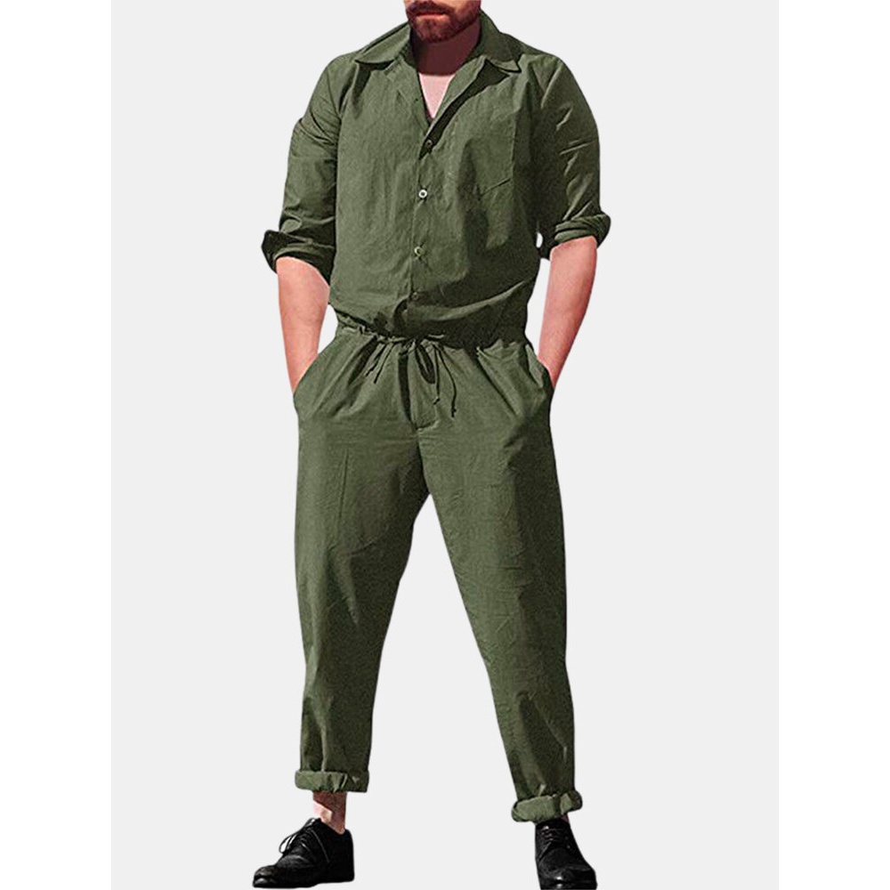 Men Casual Romper Long Sleeve Jumpsuit Stand Collar Military Overalls Cargo Pants - 3XL Black