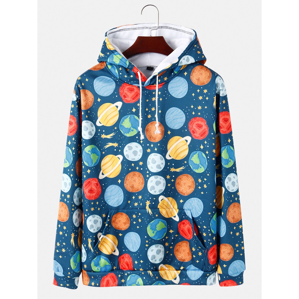 Mens Cartoon Galaxy Planet Print Kangaroo Pocket Long Sleeve Casual Hoodies - Graffiti 3 M