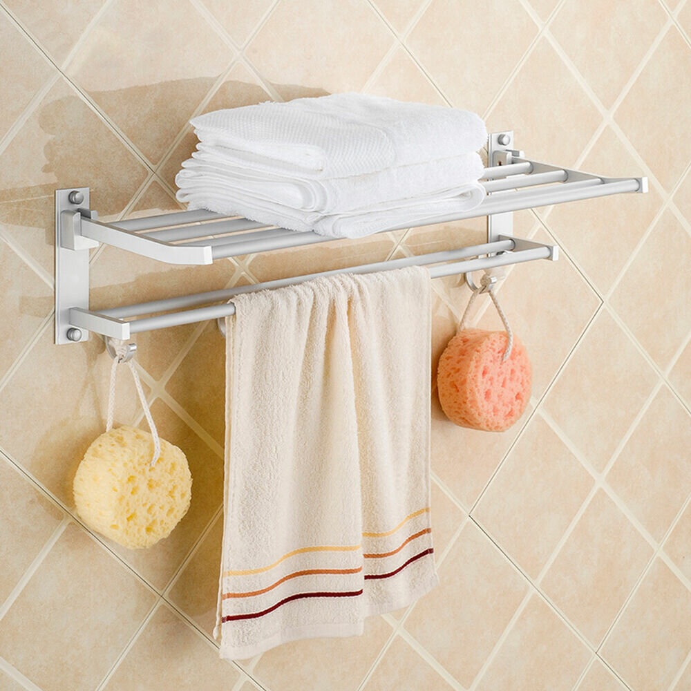 Bathroom Alumimum Folded Silver Bath Towel Shelf Washcloth Rack Holder With 5 Hooks Storage Rack - Image 2