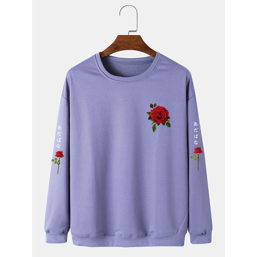 Men Rose Japanese Letter Bodycon Hem Leisure Pullover Sweatshirt - White M