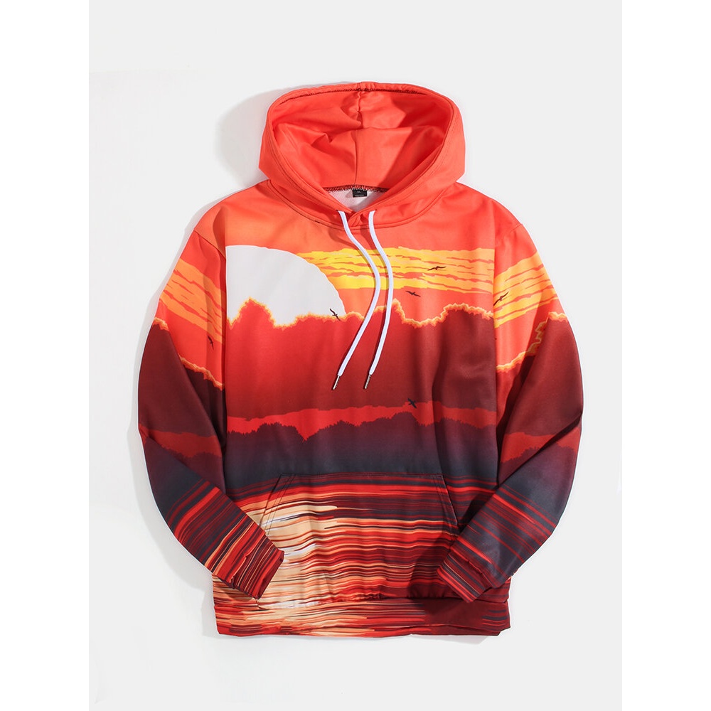 Mens Design Sunset Lake Landscape Print Pocket Long Sleeve Hoodies - L Yellow