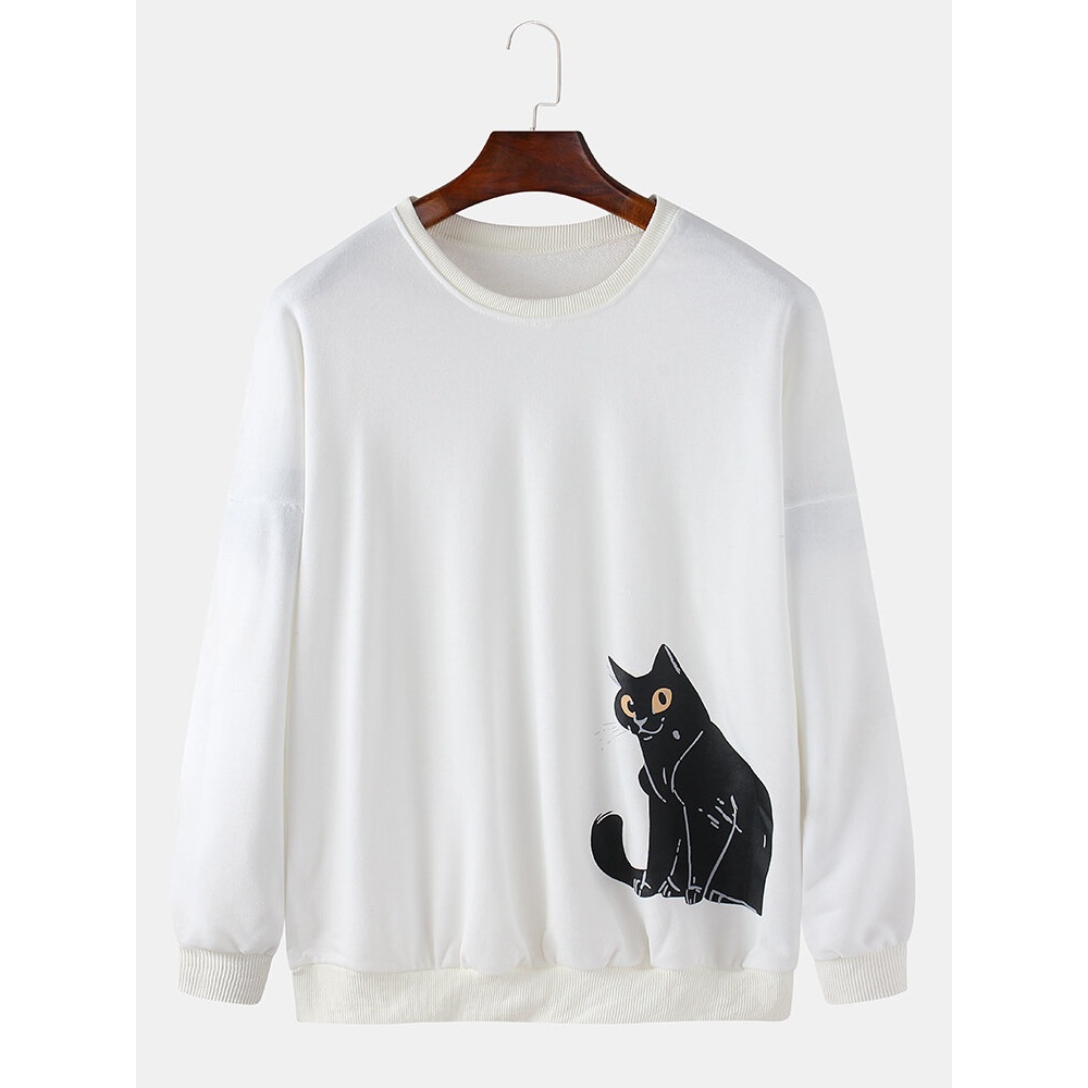 Cotton Mens Cartoon Cat Print Round Neck Pullover Simple Long Sleeve Sweatshirts - Grey M