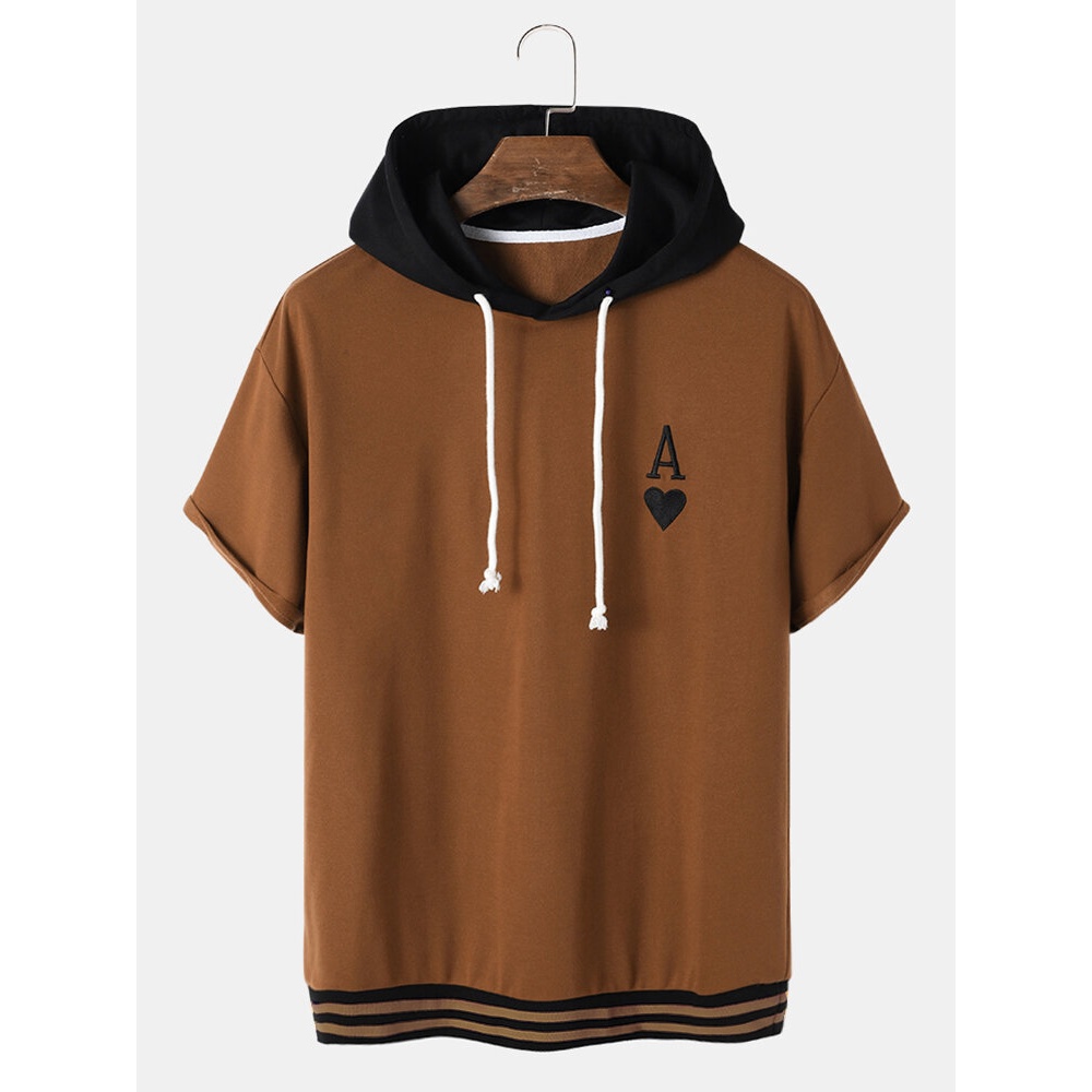 Mens Two Tone A Poker Embroidery Patchwork Drop Shoulder Casual Hooded T-Shirts - Brown 2XL