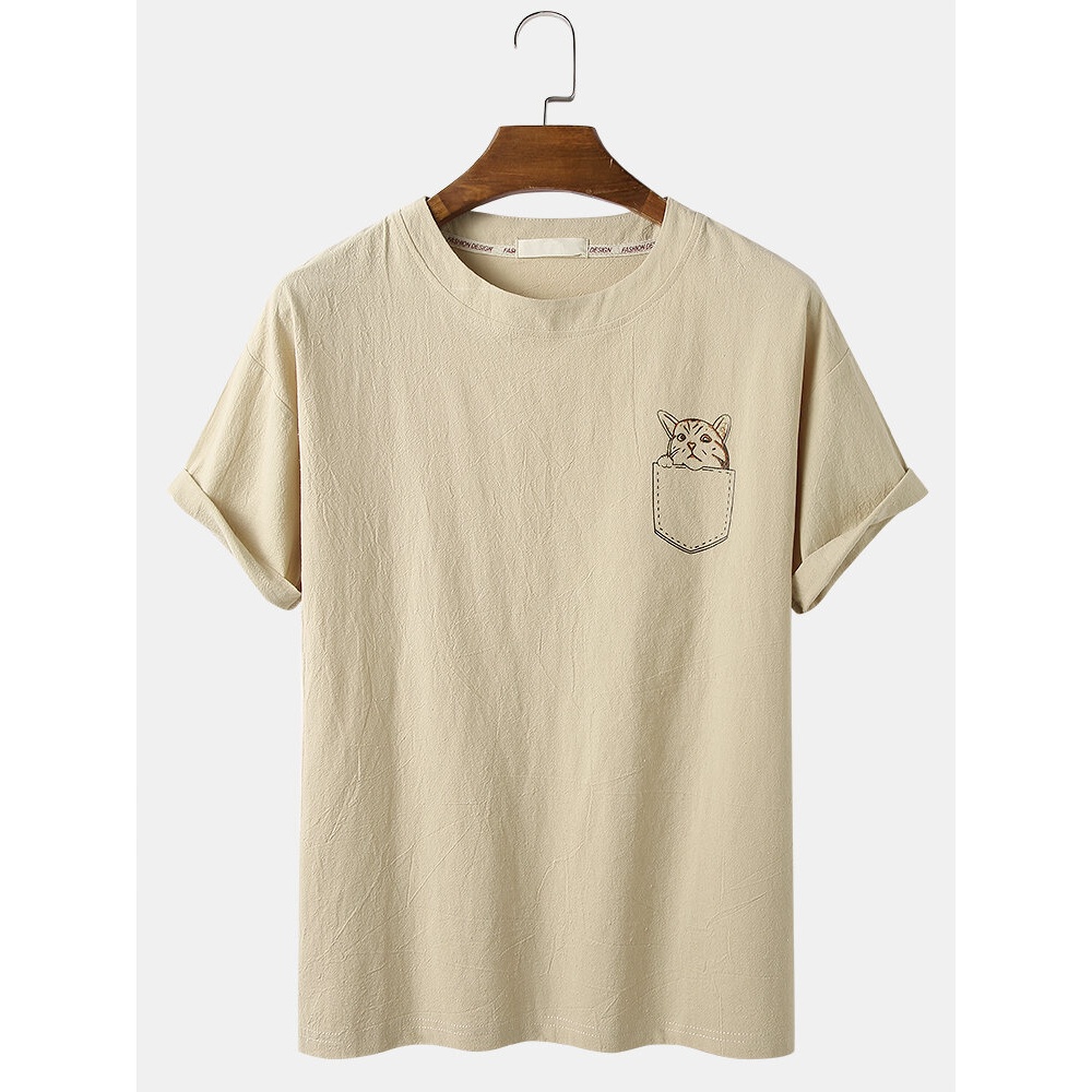 Mens Cartoon Cat Solid Color Loose Light Casual Round Neck T-Shirts - White S