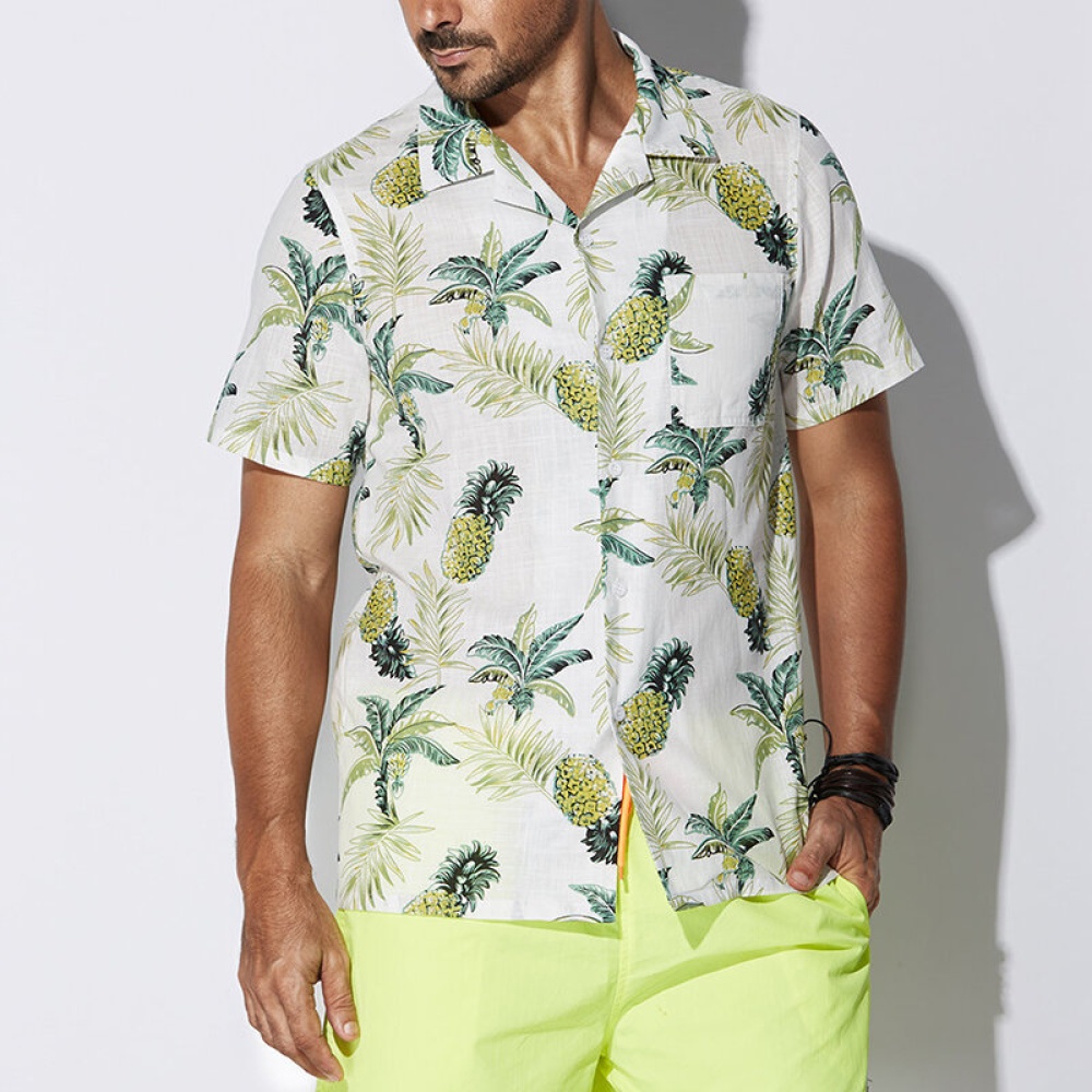 Men Tropical Plants Printed Short Sleeve Hawaiian Shirts - 2XL White
