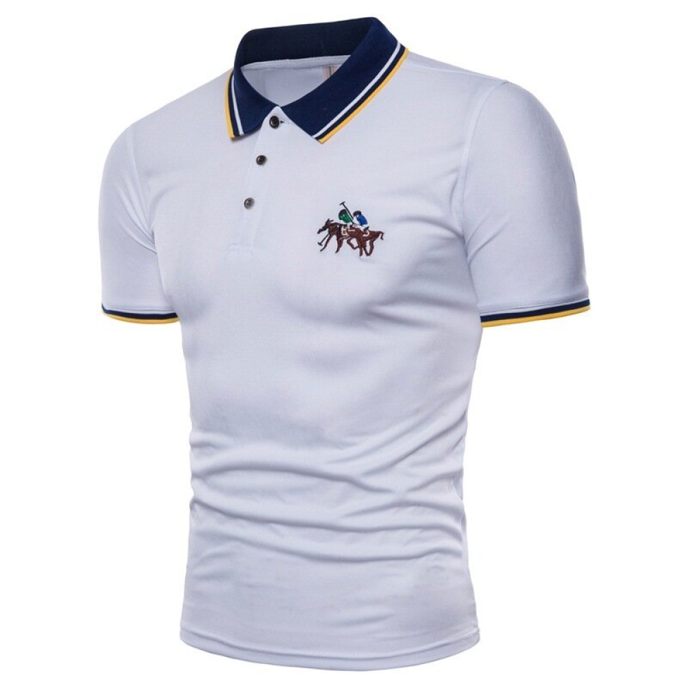 Mens New Casual Fashion Embroidery Wild Lapel Short Sleeved T-Shirts - M White - Image 2