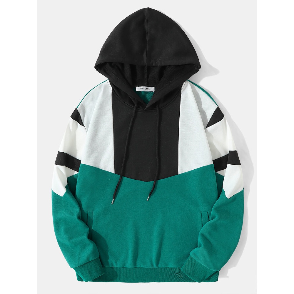 Men Patchwork Contrast Color Elastic Hem Pockets Drawstring Hooded Sweatshirt - Blue S