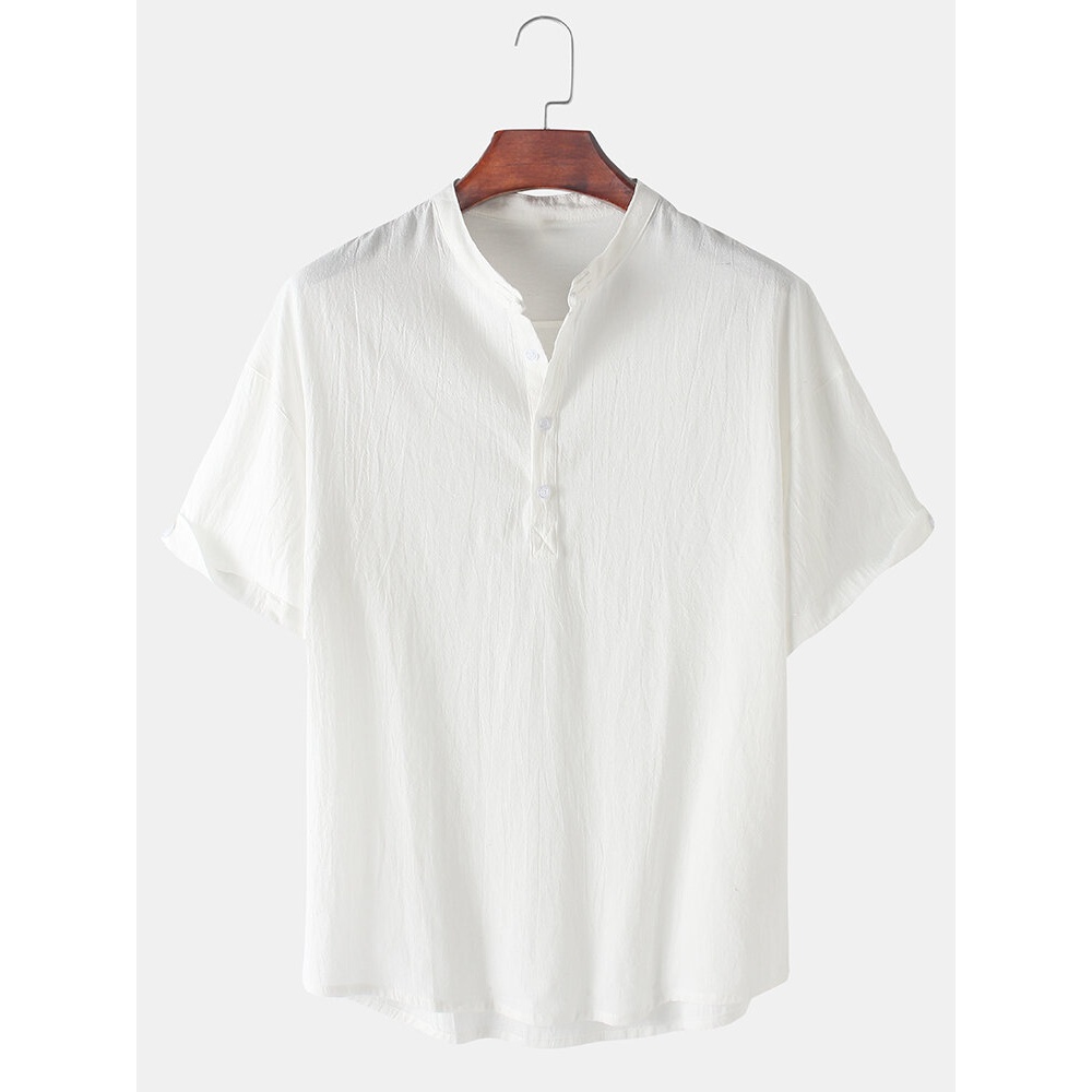 Mens Solid Color Stand Collar Short Sleeve Simple Henley Shirts - Black S