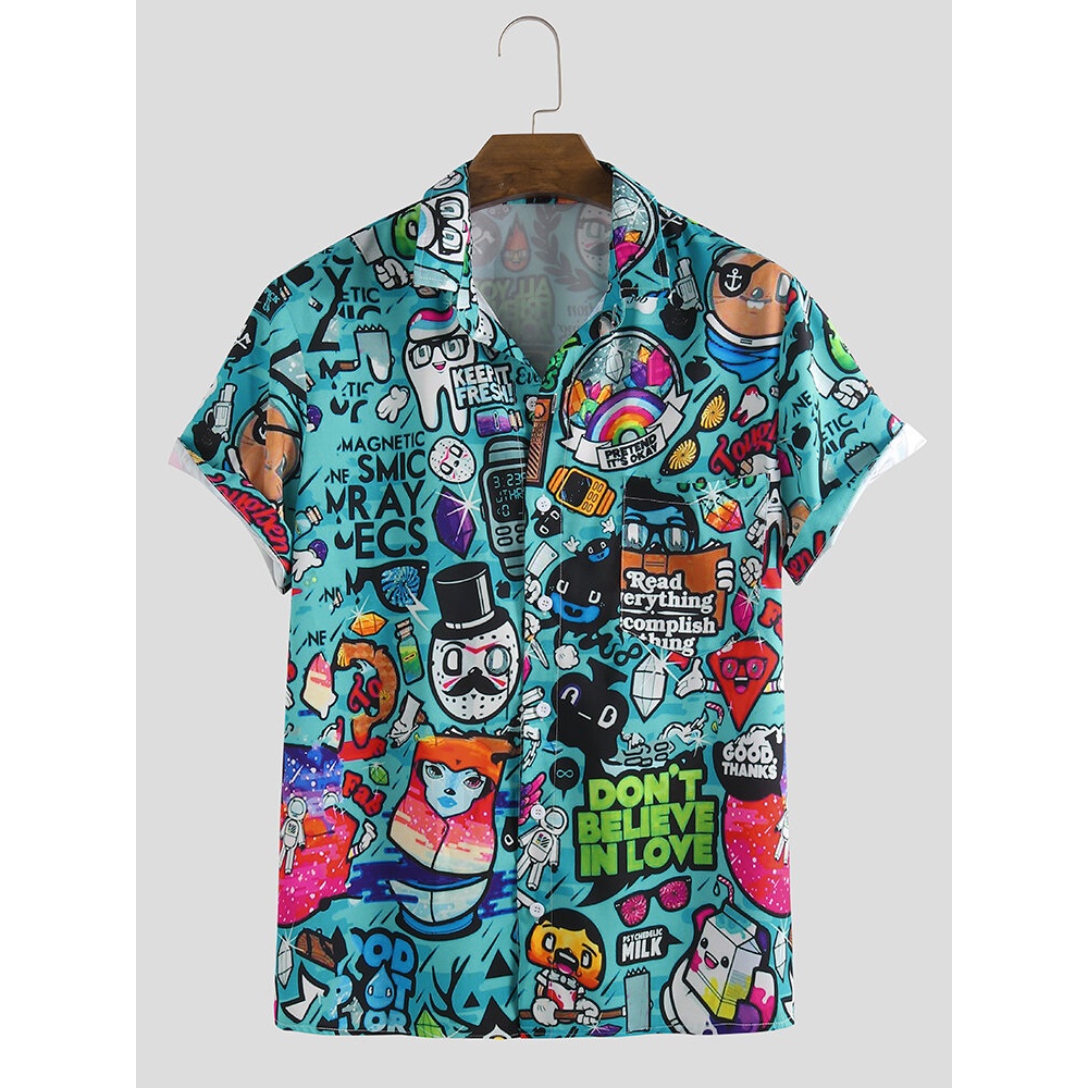 Mens Character Printing Turn Down Collar Casual Shirts - Blue L