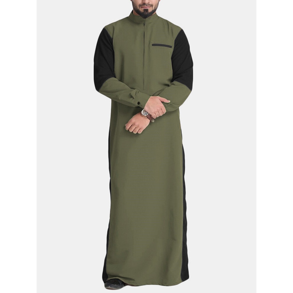 Mens Ethnic Long Robe Stand Collar Stitching Pure Color Casual Shirts - S Coffee
