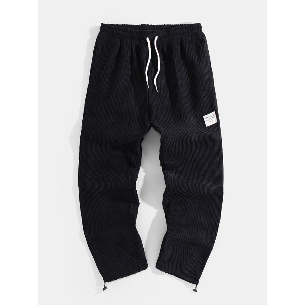 Mens Solid Color Corduroy Drawstring Waist Thick Jogger Pants With Bungee Cords - Black XL