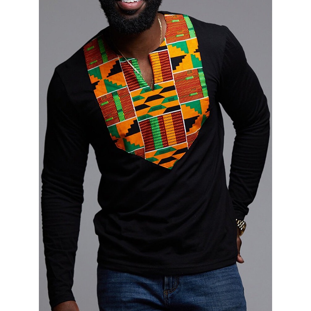 Men Long Sleeve Dashiki African Floral Shirts V Neck Long Sleeve Blouse Tops Tees - M Black