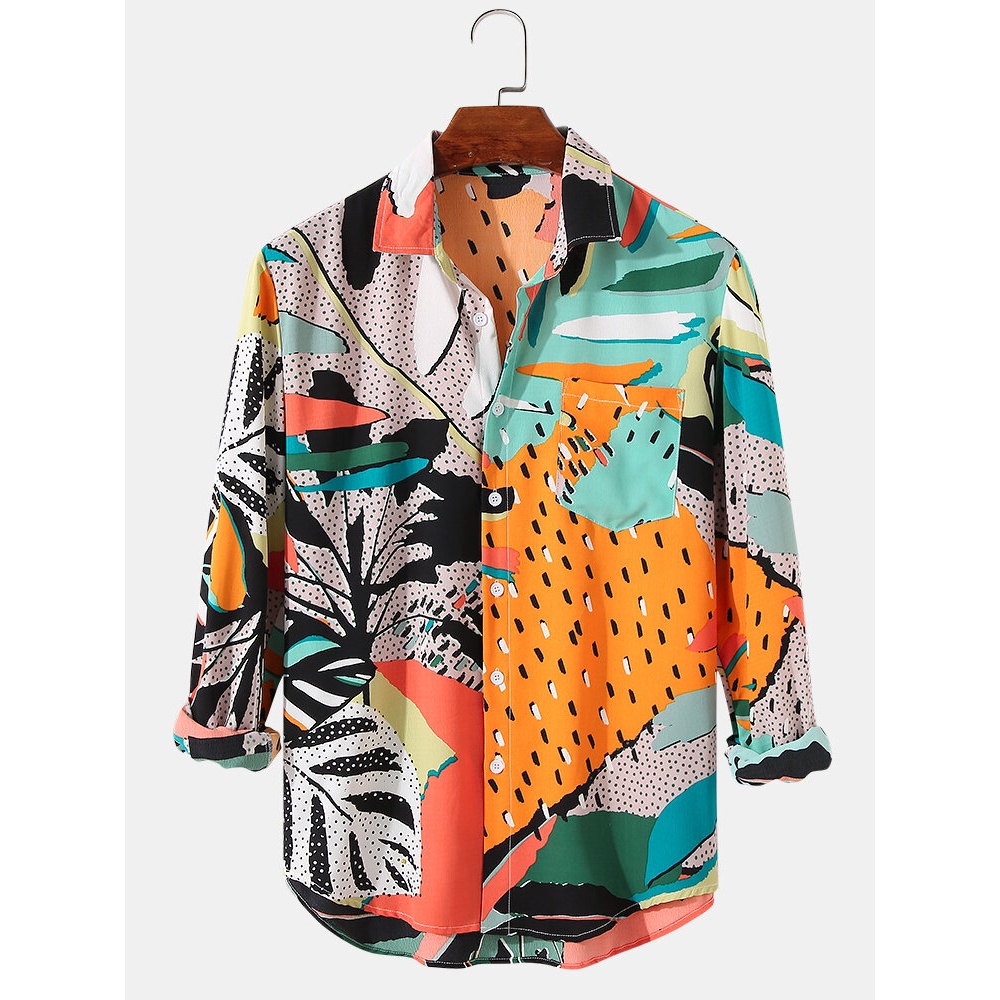 Mens Leaf & Mixed Print High Low Hem Long Sleeve Shirts With Pocket - Yellow XL