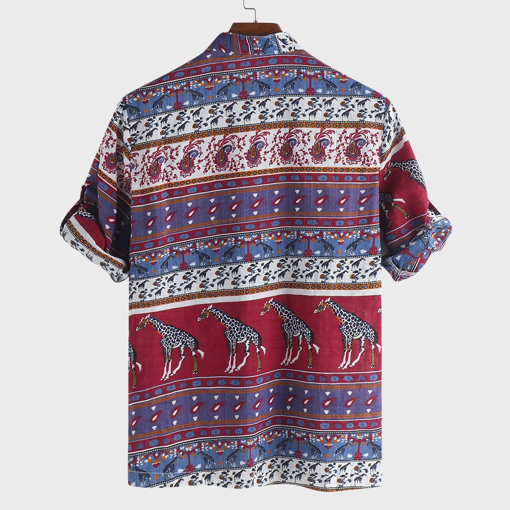 Mens Ethnic Style Printed Half Sleeve Loose Casual T Shirts - M Red Blue - Image 2