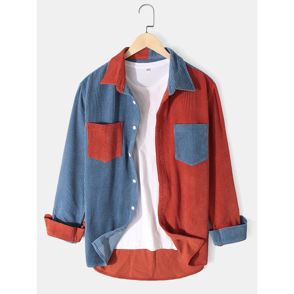 Mens Patchwork Corduroy Double Pocket Long Sleeve Design Shirts - Blue S
