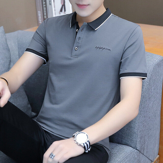 Season New Short-sleeved T-shirt Shirt Men's Lapel Solid Color Shirt Casual Trend Business Men's Compassionate - 3XL Gray/T125