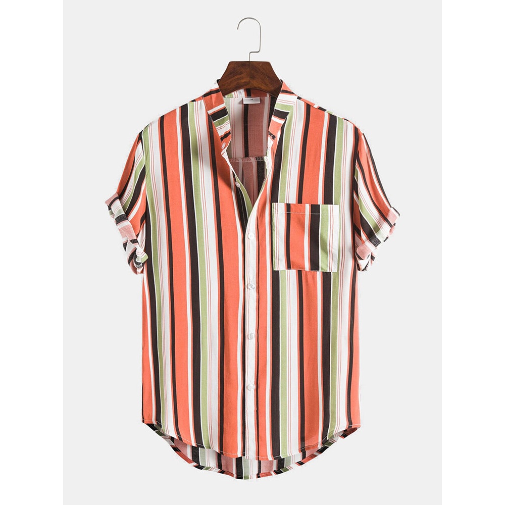 Mens Colorful Stripe Pocket Stand Collar Short Sleeve Casual Shirts - Colorful S