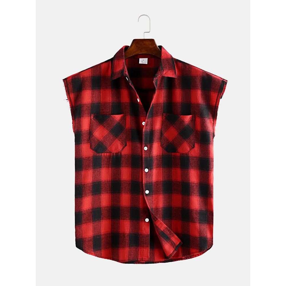 Men Plaid Sleeveless Lapel Loose Shirts - L Black