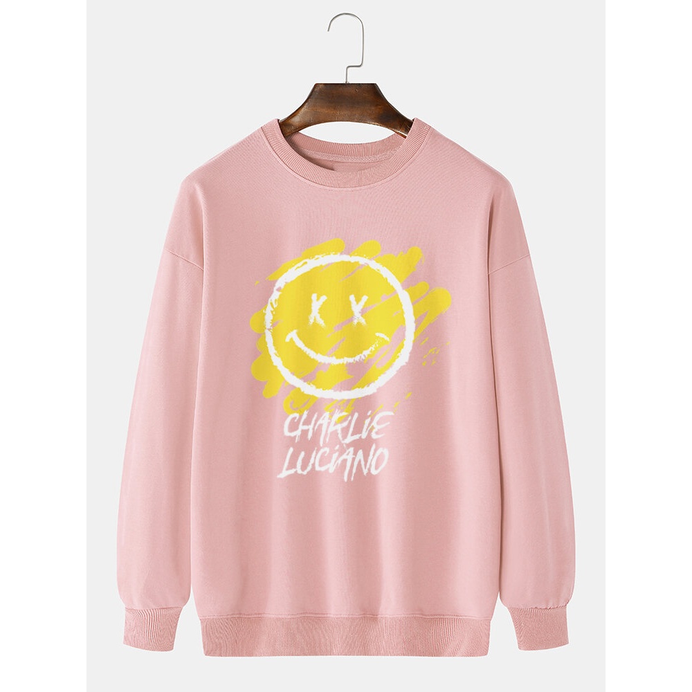 Mens Letter & Graffiti Smile Print Pullover Cotton Long Sleeve Sweatshirts - Black S