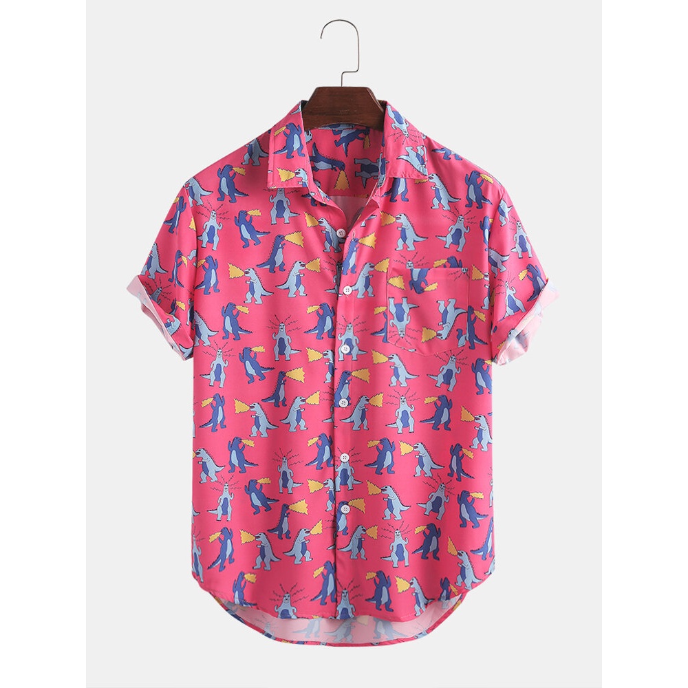 Cartoon Dinosaur Print Short Sleeve Hawaii BeachCasual Shirts - Yellow XL