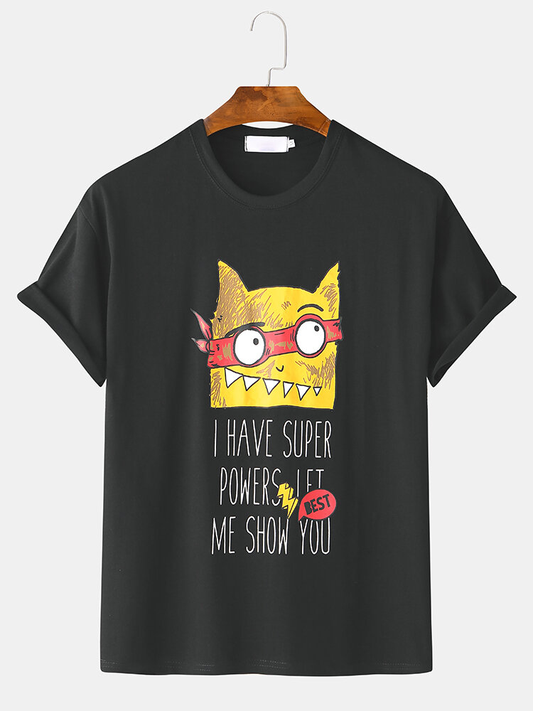 Men Casual Cartoon Cat Print Crew Neck T-Shirts - S White - Image 2