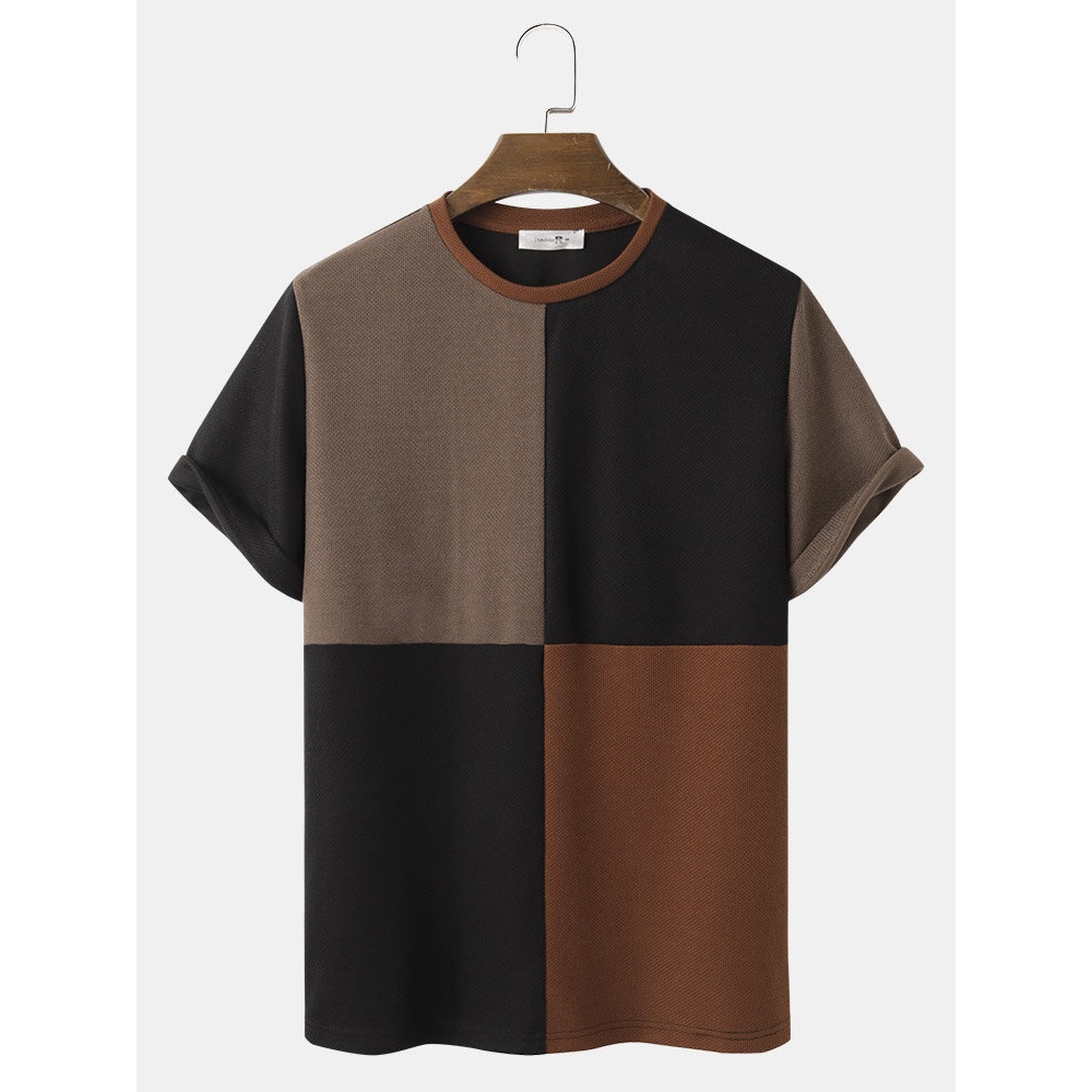 Mens Color Block Patchwork Crew Neck T-Shirts - Black S