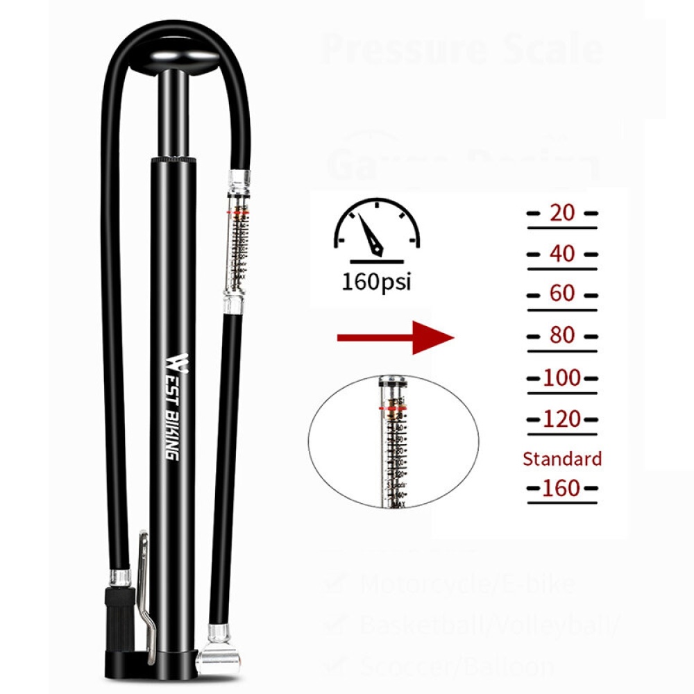 WEST BIKING High Pressure Foot Activated Floor Pump 160PSI Bicycle Pump Tire Air Inflator With Schrader Presta Valve - Silver - Image 2