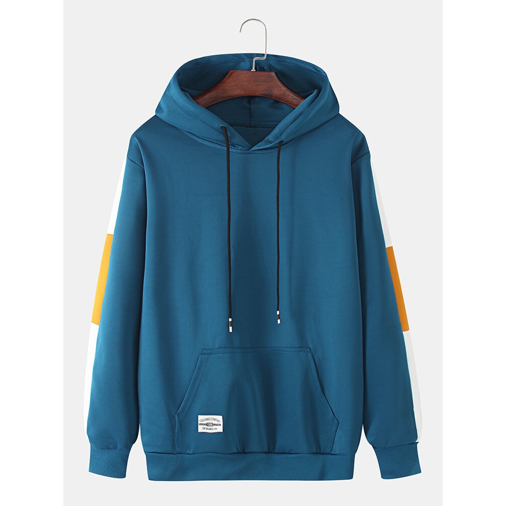 Mens Simple Side Patchwork Long Sleeve Cotton Casual Drawstring Hoodies - White XL