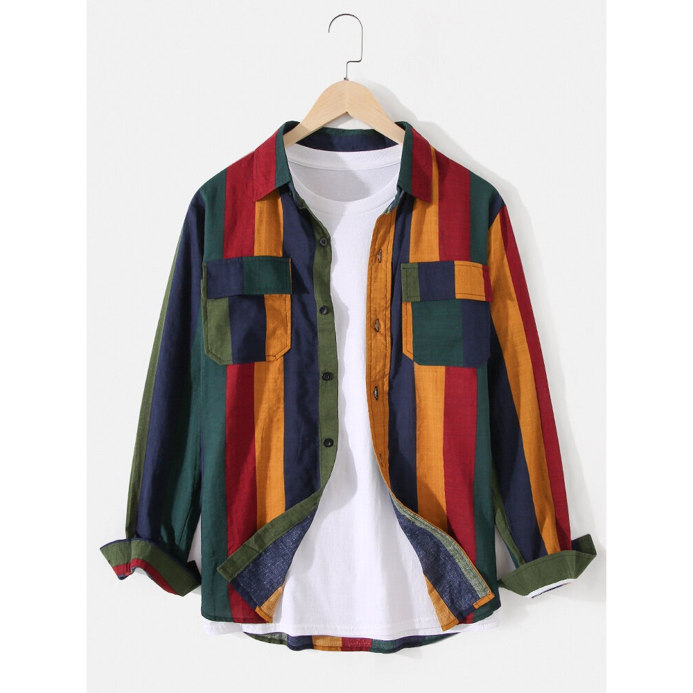 Mens Classic Colorful Stripe Print Double Pocket Long Sleeve Design Shirts - Colorful M