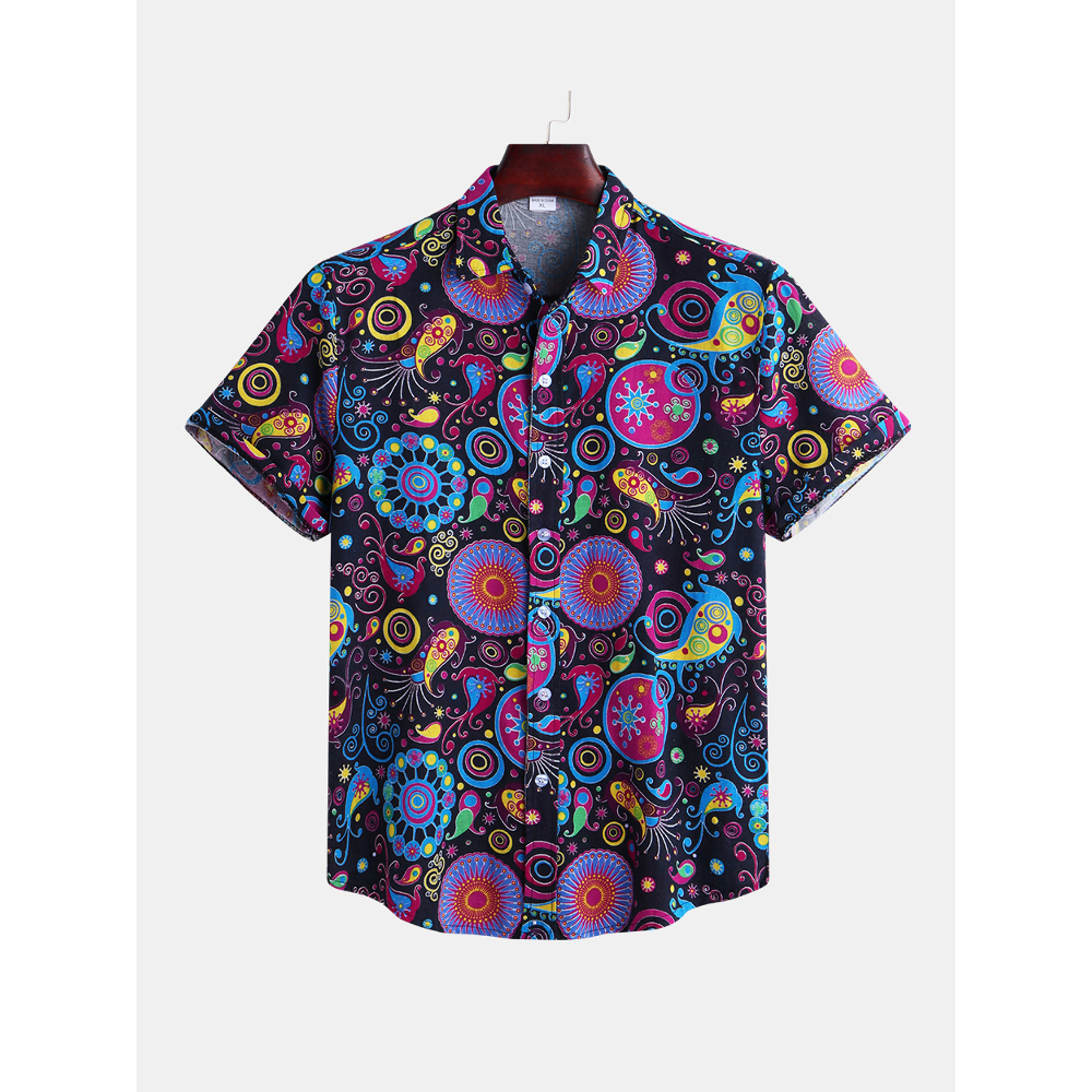 Mens Ethnic Style Printed Turn Down Collar Casual Shrts - 2XL Colorful