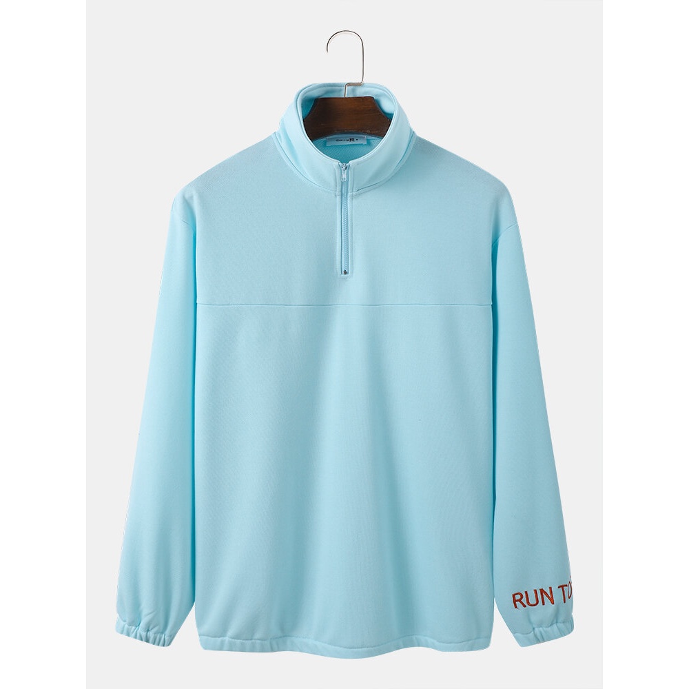 Men Polos Collar Solid Zipper Long Sleeve Casual Pullover Sweatshirt - Light Blue S
