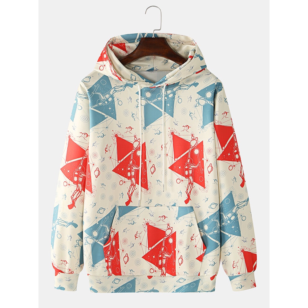 Mens Geometry Design Astronaut Print Long Sleeve Bodycon Hem Hoodies - Apricot XL