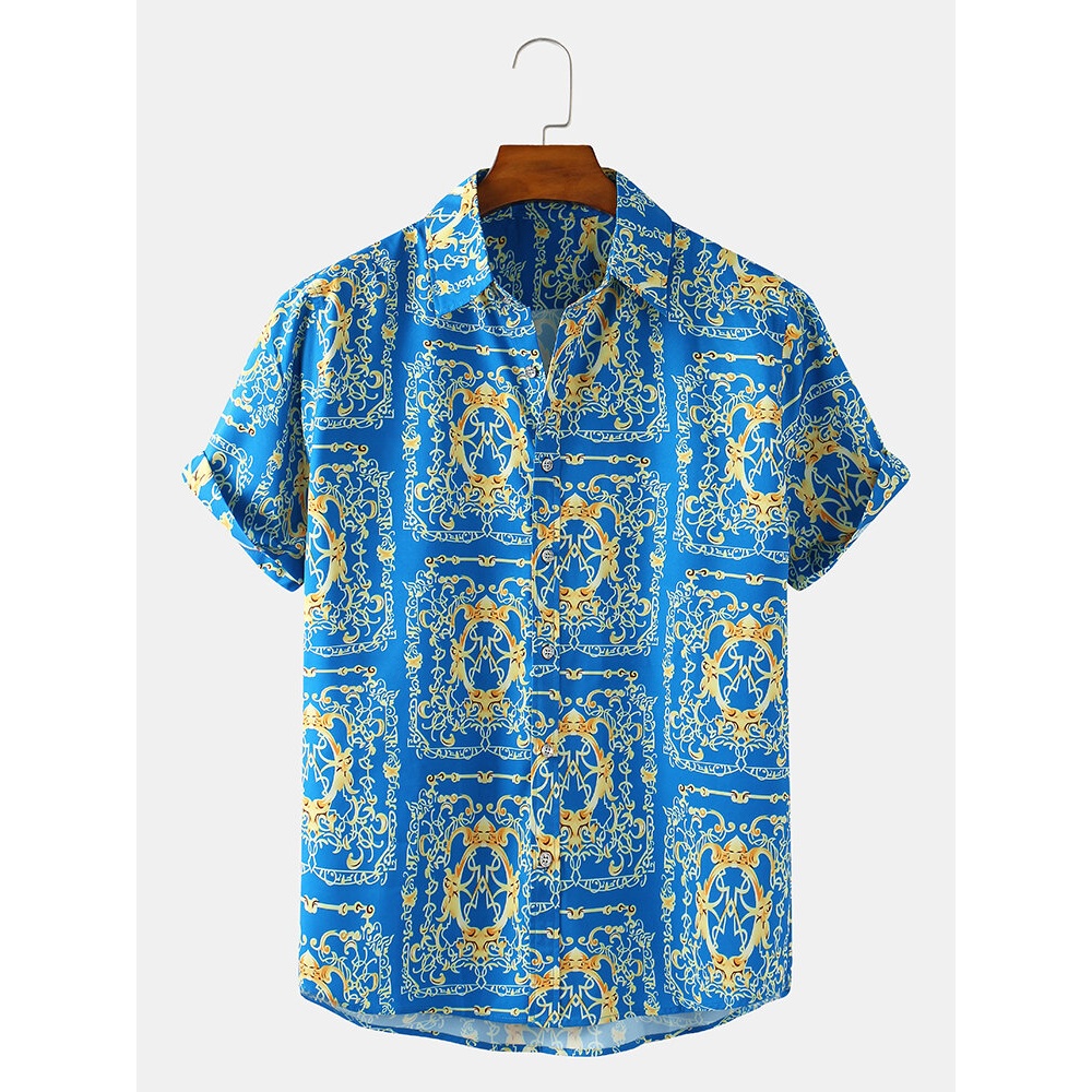Mens Baroque Print Ethnic Style Lapel Short Sleeve Shirts - Blue S