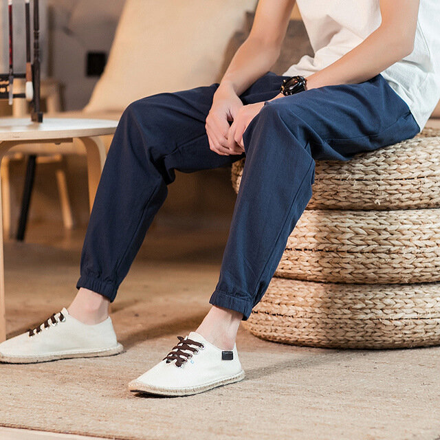 Linen Casual Trousers Men's Chinese Style Loose Harem Pants Large Size Beam Foot Sports Nine Pants Men's Lantern Pants - 4XL Black - Image 2