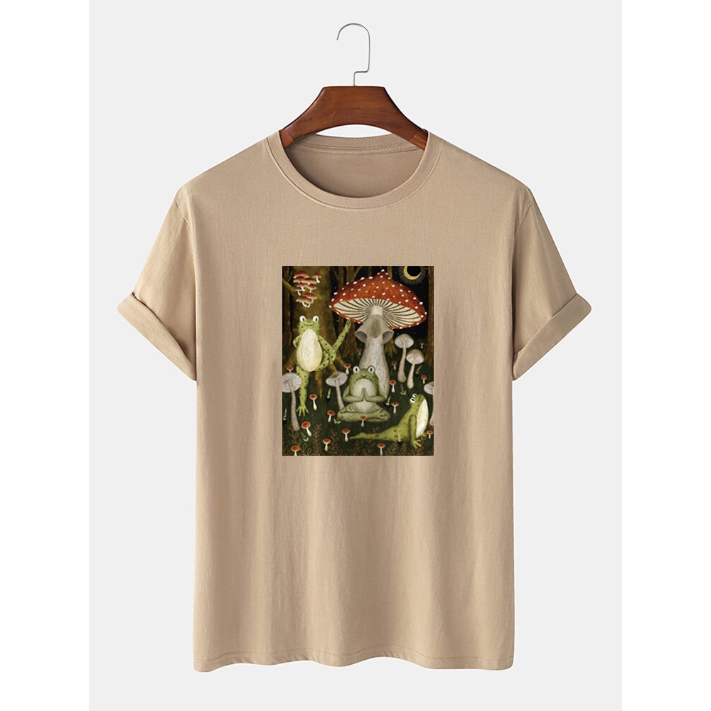 Mens Mushroom & Frog Graphic 100% Cotton Community Spirit Short Sleeve T-Shirts - Black XL