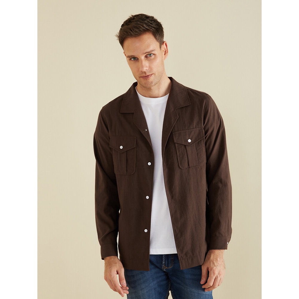 Men 100% Cotton Solid Color Turn Down Collar Long Sleeve Shirts - M Green