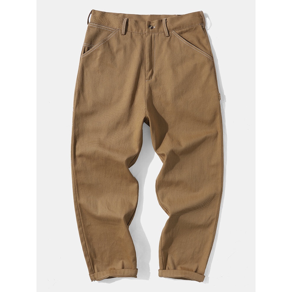 Men 100% Cotton Straight Bright Line Denim Casual Pants - Brown S