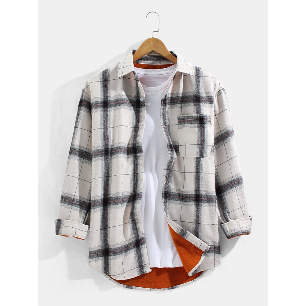 Mens Plaid Button Up Warm Thicken Shirts With Chest Pocket - Black S