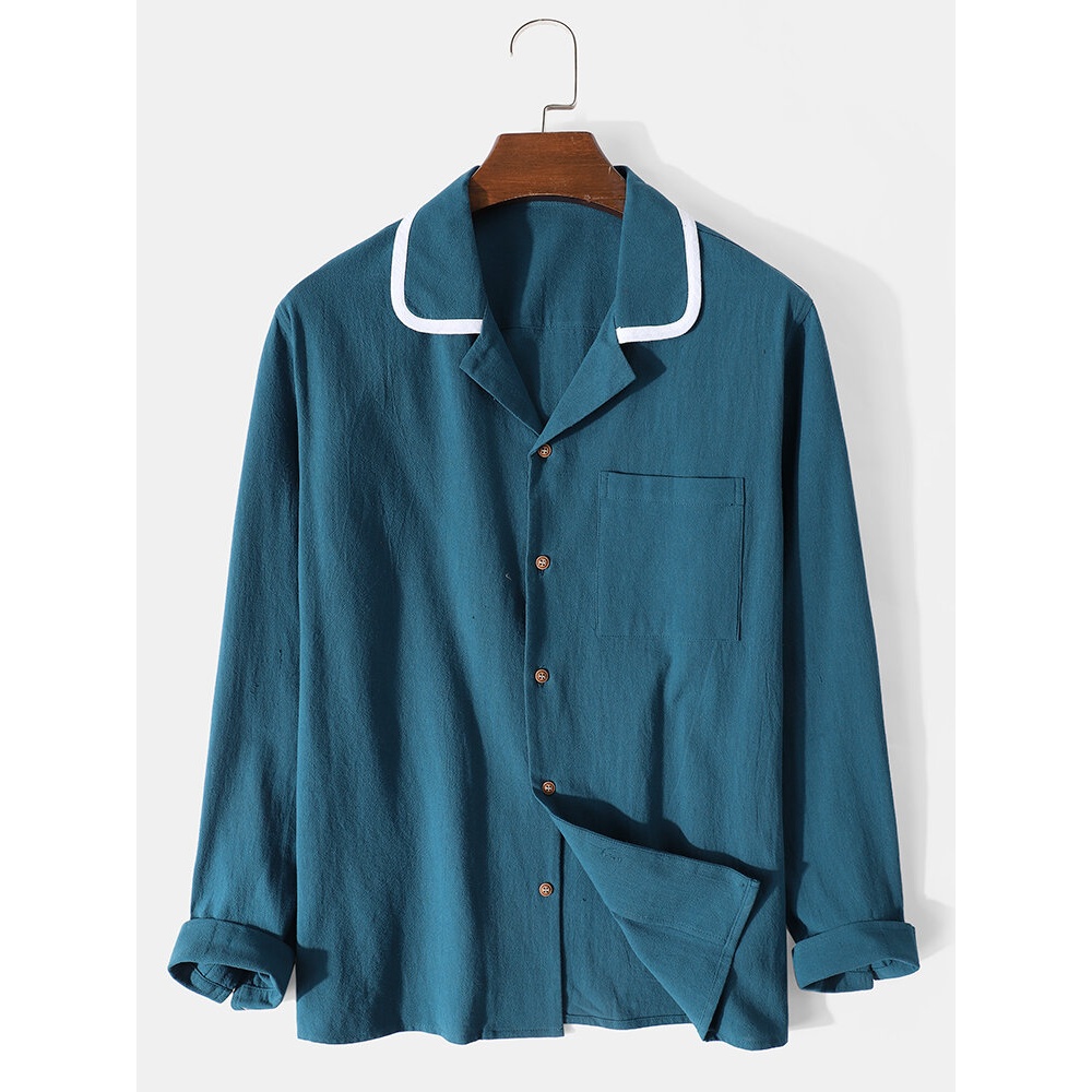 Mens Contrast Binding Revere Collar 100% Cotton Long Sleeve Shirts - Lake Blue S