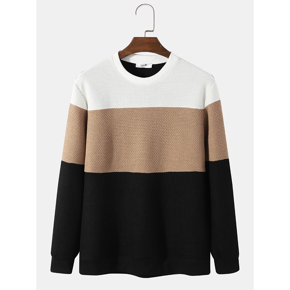 Mens TriColor Knitted Simple Classic Round Neck Sweatshirt - Black S