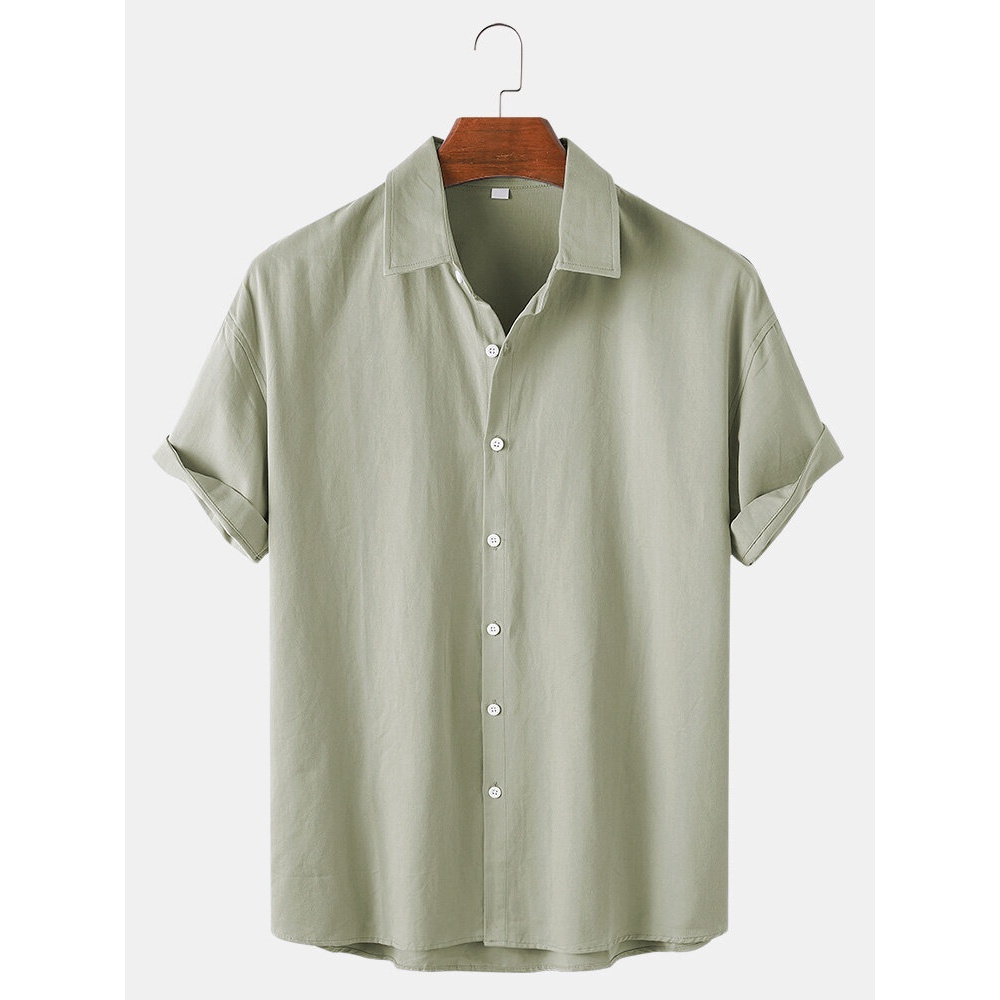 Mens Solid Color Lapel Collar Cotton Breathable Short Sleeve Shirts - Light Blue S