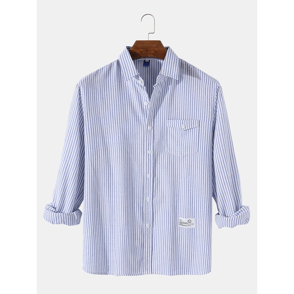 Mens Pinstripe Logo Cotton Casual Long Sleeve Shirts With Flap Pocket - Grey L