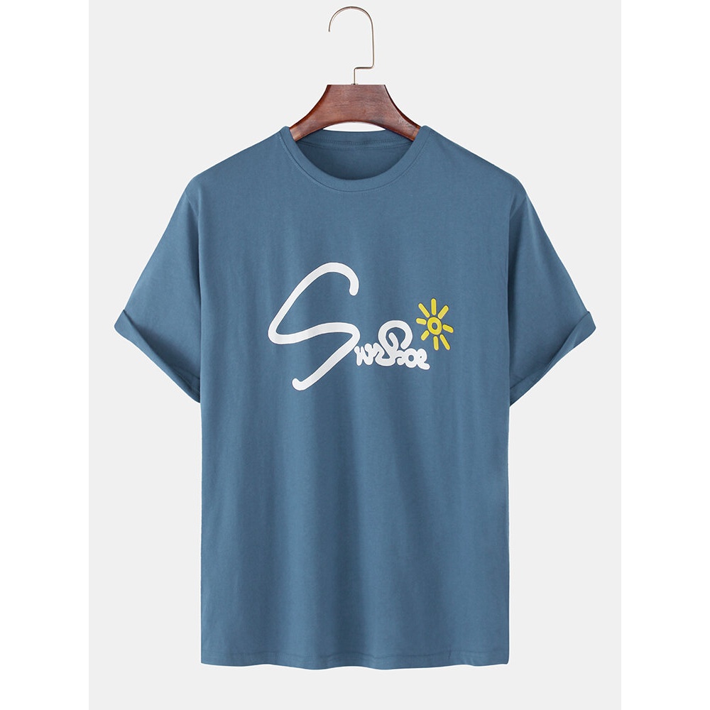 Mens Letter Print Cotton Round Neck Casual Short Sleeve T-Shirts - Green XL