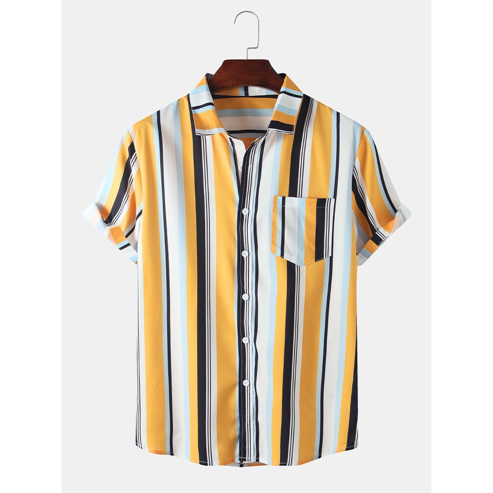 Mens Wide Striped Turn Down Collar Short Sleeve Shirts - Yellow L