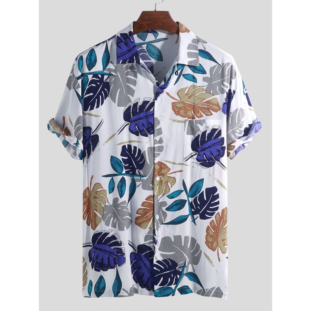 ChArmkpR Men Tropical Plants Printed Hawaiian Beach Shirts - XL White
