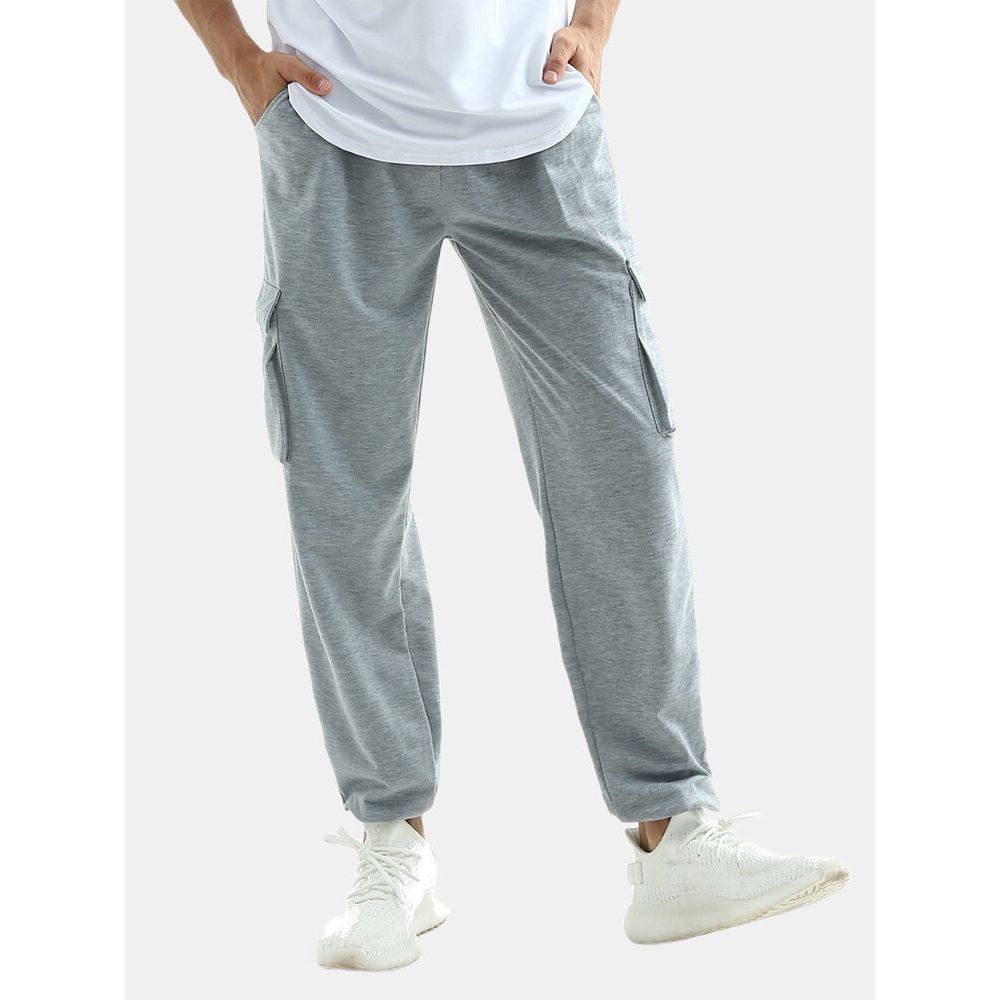 Mens Cotton Elastic Waist Multi Pocket Gery Jogger Pants - Grey 2XL